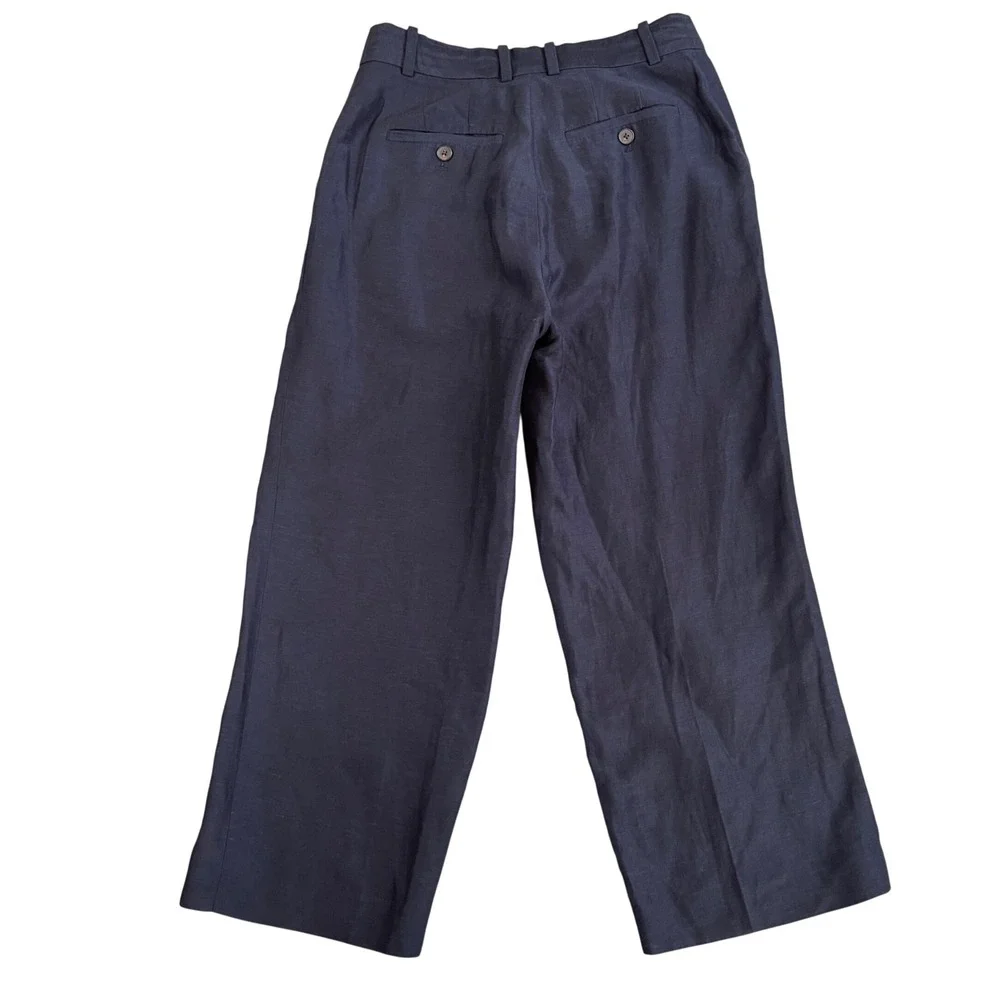 Babaton Agency Linen Cropped High Rise Straight Leg Pant Womens 2 Navy Blue $148